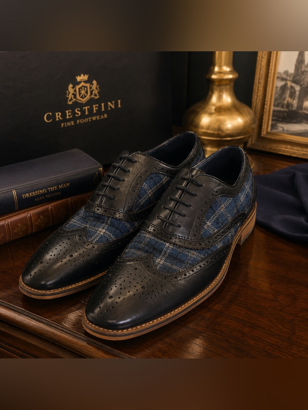 Crestfini Men's Navy Blue Plaid & Black Leather Wingtip Oxfords Dress Shoes